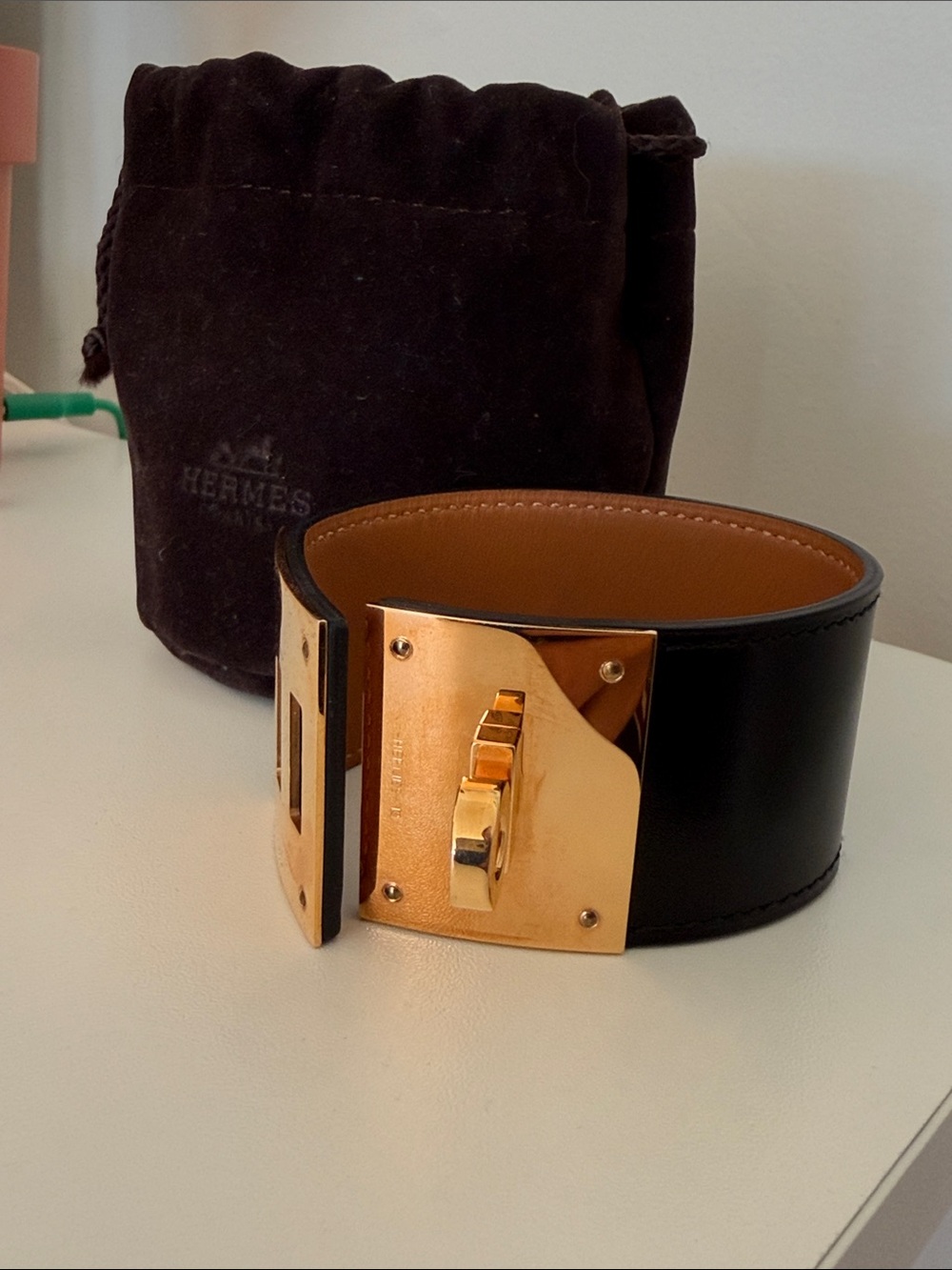 Hermes Black Leather Cuff with Rose Gold Lock Plate (Pre-Owned) - Picture 3 of 5